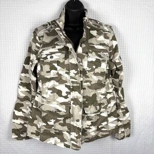 Kensie Jeans Camo Denim Jean Jacket Womens Large Utility Military Army‎ Stretch